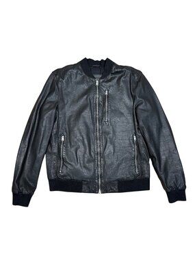 AllSaints Mens Black Genuine Leather Bomber Jacket XL Moto Style Zip Pockets Min